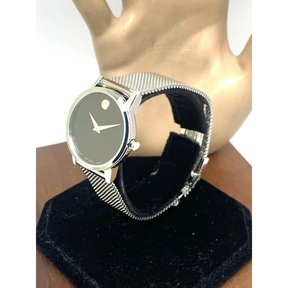 Movado Women's Watch 0607220 Black Dial Swiss Quartz 28mm Silver Mesh Band